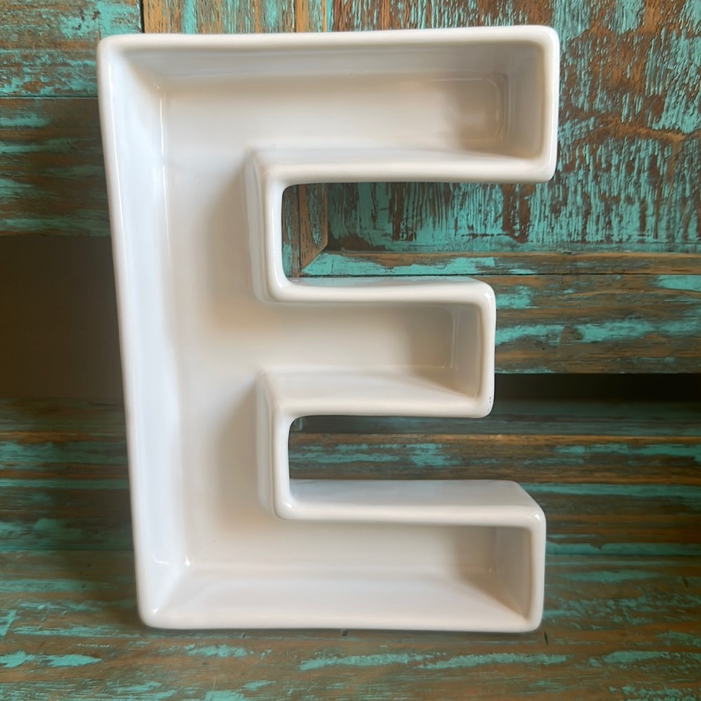 Ceramic letter E Dish in White for Trinkets Jewelry Hair Clips Etc